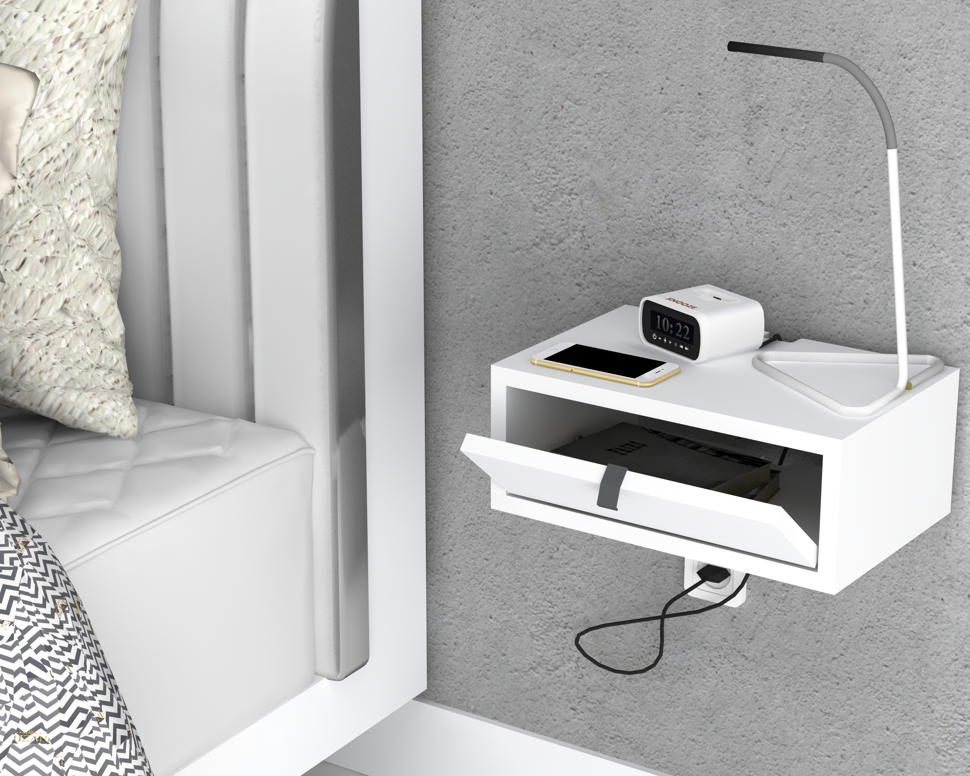 Floating Bedside Table, Walnut Top | Drop-Down Door