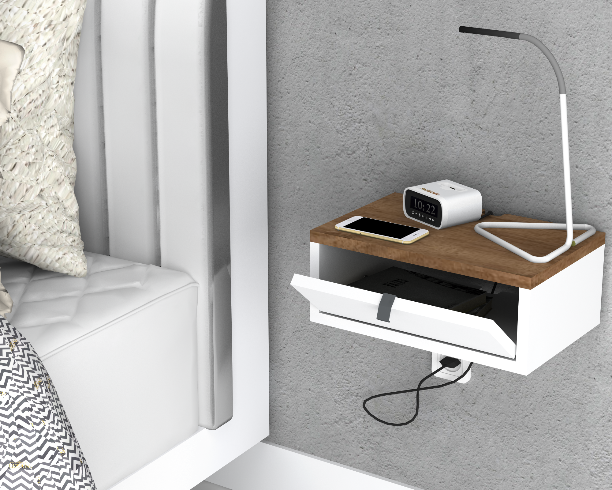 Floating Bedside Table, Walnut Top | Drop-Down Door