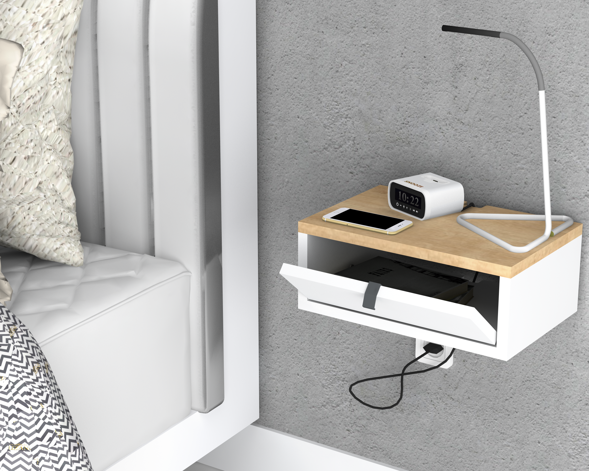 Floating Bedside Table, Walnut Top | Drop-Down Door