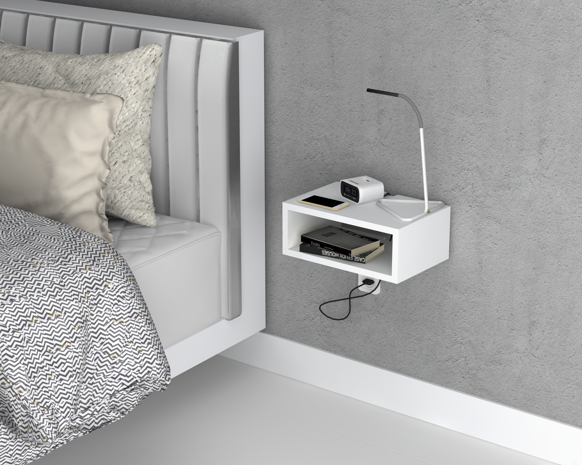 Floating Bedside Table, White Top | Open Shelf