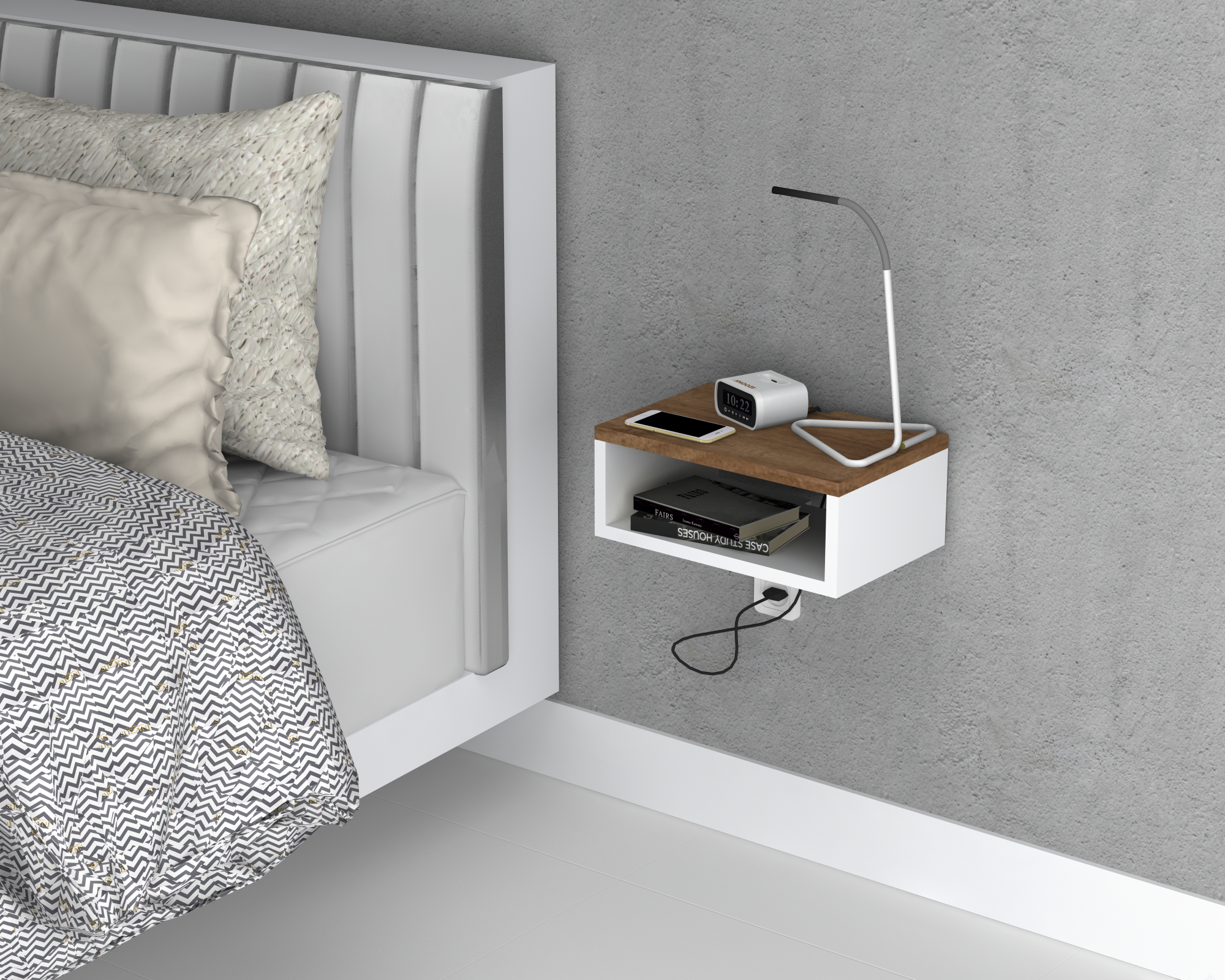 Floating Bedside Table, Walnut Top | Open Shelf