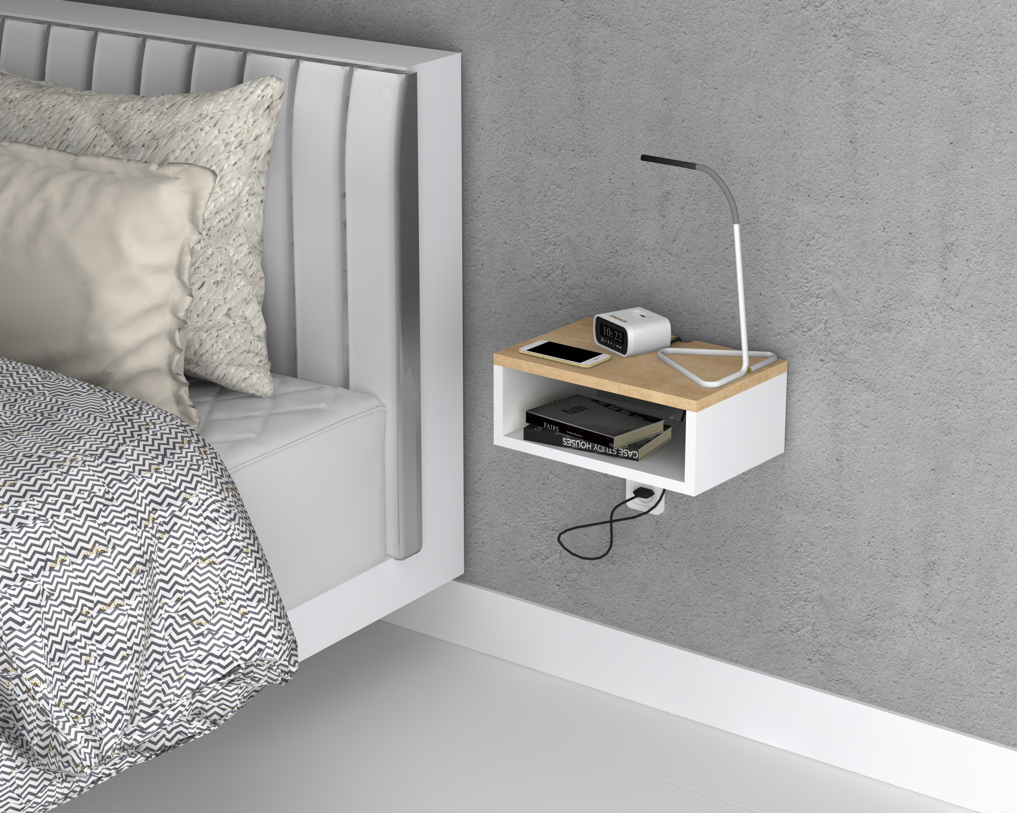 Floating Bedside Table, Oak Top | Open Shelf
